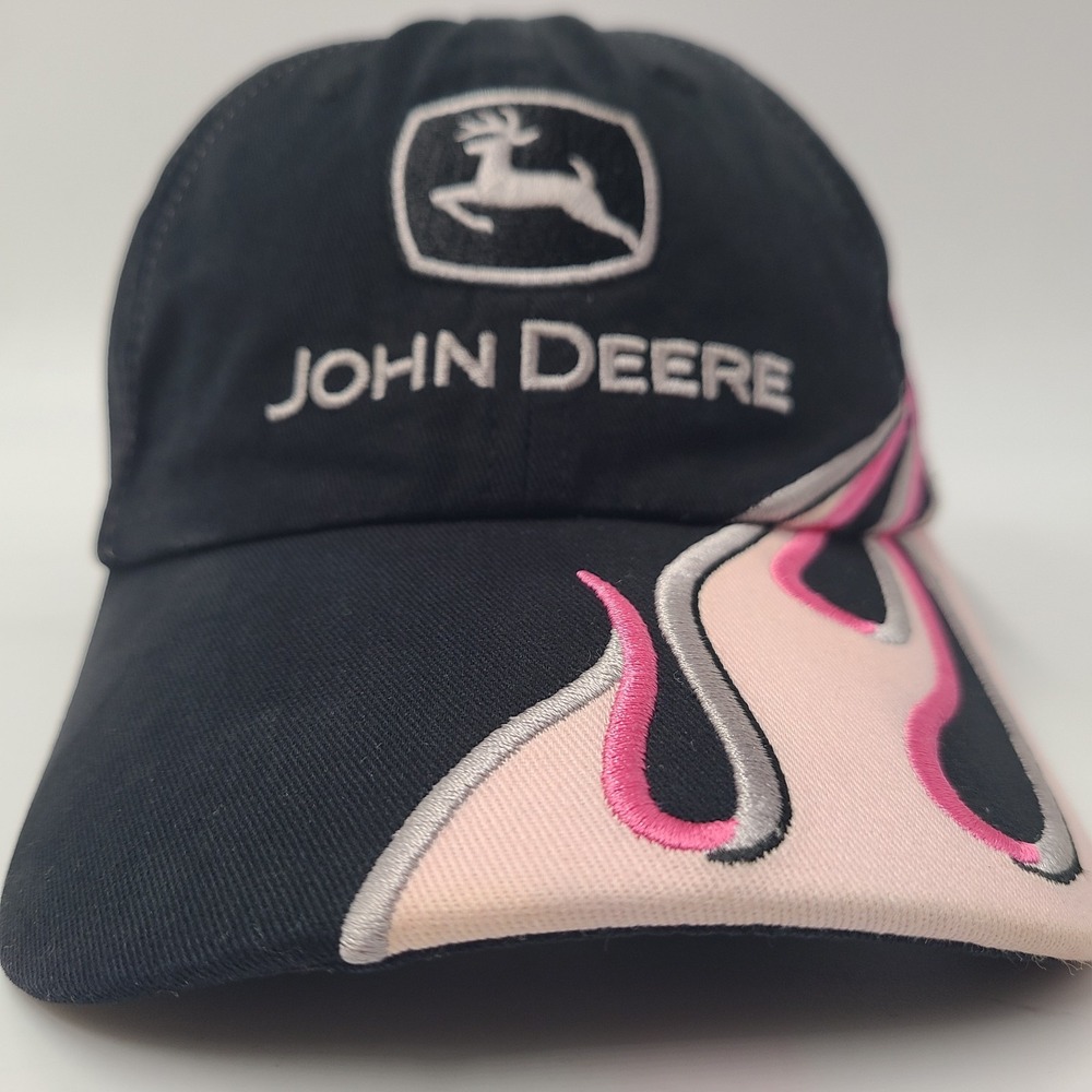 Women John Deere Hat Adjustable Black Pink Flames Cotton Farm Hunt Fish Casual - Picture 2 of 11